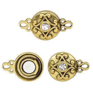 Clasp magnetic 1pkg2 "pewter" (zinc alloy), 12mm double-sided round, antique gold-finished / clear rhinestone 1-strand