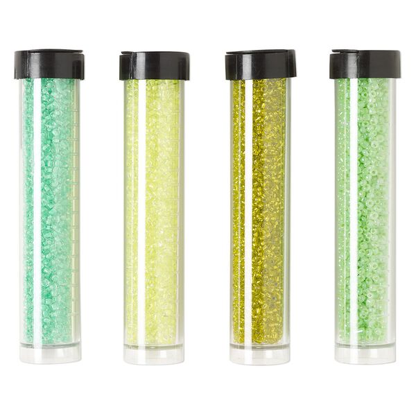 Seed bead assortment, Ming Tree™, glass, pkg/(4) 4 x 3/4 inch vials, #11 round, opaque and transparent silver-lined ceylon yellow, green, kiwi green and mint green. image number 0