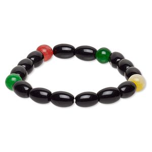 Bracelet, stretch, multi-gemstone (natural / dyed / heated) and glass, multicolored and opaque black, 6-8mm round and 10x7mm-11x8mm barrel, 6 inches. Sold individually.