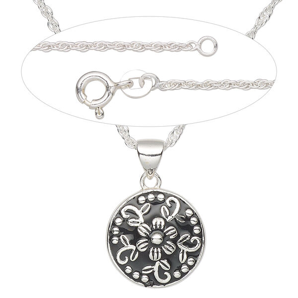 Necklace, Create Compliments®, sterling silver and enamel, black, 15mm round with flower and dots design, adjustable at 16 and 18 inches with springring clasp. Sold individually. image number 0