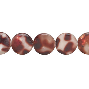 Mother-of-pearl shell 1pkg1, puffed flat round bead 15 inch tan and brown 11-12mm