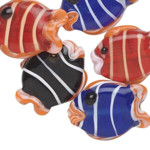 Bead, lampworked glass, multicolored, 24x19mm fish. Sold per pkg of 6.