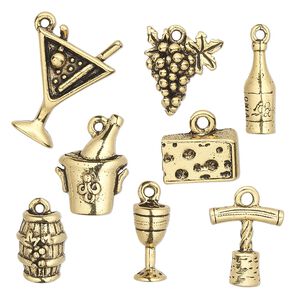 Charm set, antique gold-plated pewter (tin-based alloy), 14x5mm-20.5x15.5mm wine theme. Sold per 8-piece set.
