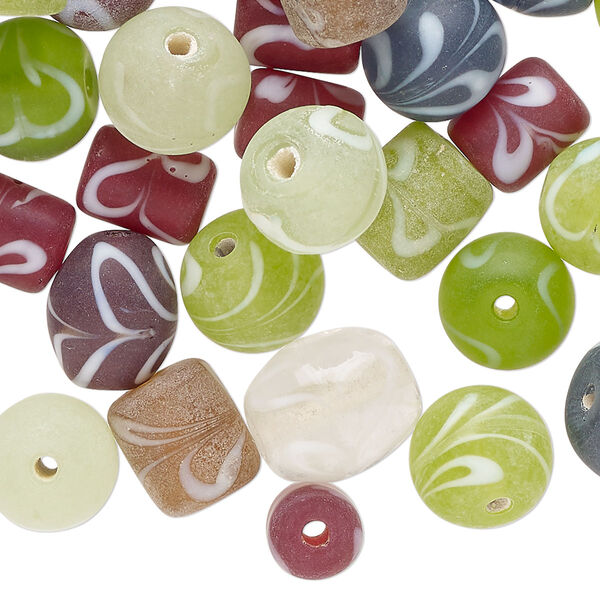 Bead mix, lampworked glass, opaque and translucent mixed colors with swirls, 10x9mm-13x12mm mixed shapes. Sold per 3-ounce pkg, approximately 60 beads. image number 0