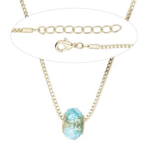 Necklace, Everyday Jewelry™,  brass and crystal, turquoise blue rondelle on gold-finished chain with lobster claw clasp, 20 inches. Sold individually.