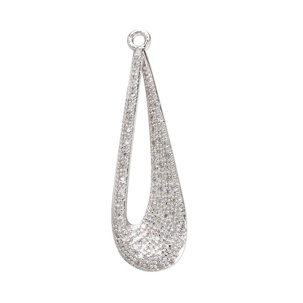 Focal, cubic zirconia and silver-plated brass, clear, 32.5x11mm single-sided open teardrop. Sold individually. image number 0