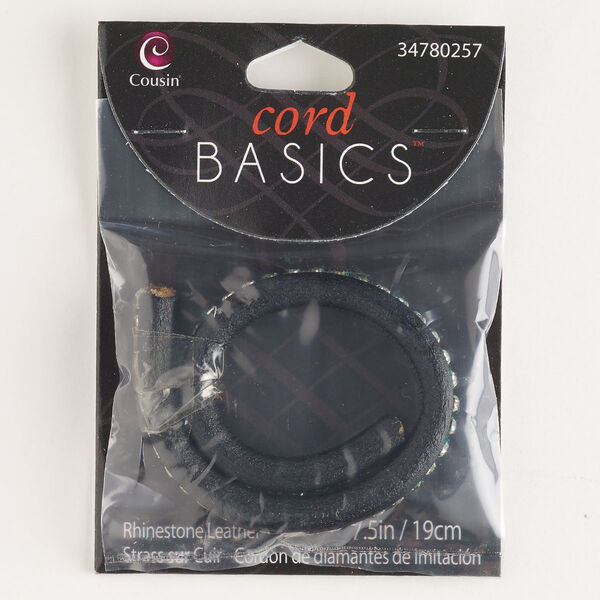 Cord, silver-finished brass / leather / glass, black and clear, 10.5mm flat with rhinestones. Sold per pkg of 7-1/2 inches. image number 0