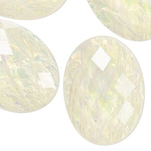 Cabochon, resin, opalescent yellow, 40x30mm non-calibrated faceted oval. Sold per pkg of 4.