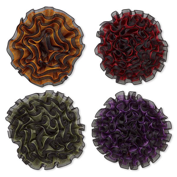 Embellishment, polyester chiffon and felt, assorted dark colors, 4-inch flower. Sold per pkg of 4. image number 0