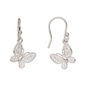 Earring, Create Compliments®, cubic zirconia and rhodium-plated sterling silver, clear, 29mm with butterfly and fishhook ear wire, 20 gauge. Sold per pair.