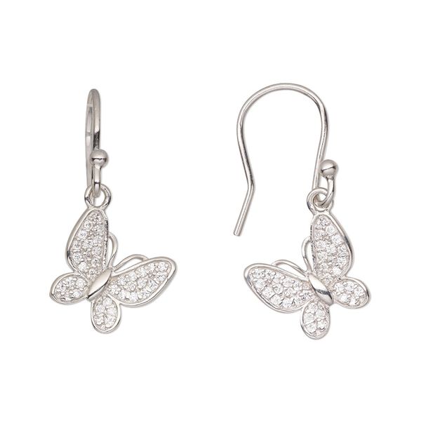 Earring, Create Compliments®, cubic zirconia and rhodium-plated sterling silver, clear, 29mm with butterfly and fishhook ear wire, 20 gauge. Sold per pair. image number 0