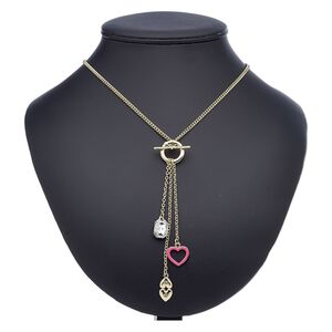 Necklace, enamel / acrylic / glass rhinestone / gold-finished "pewter" (zinc-based alloy) / steel, pink and clear, 4-1/2 inch dangle with heart, 18 inches with 2-inch extender chain and lobster claw clasp. Sold individually.