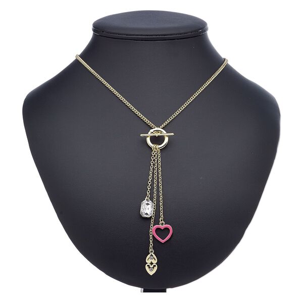 Necklace, enamel / acrylic / glass rhinestone / gold-finished "pewter" (zinc-based alloy) / steel, pink and clear, 4-1/2 inch dangle with heart, 18 inches with 2-inch extender chain and lobster claw clasp. Sold individually. image number 0
