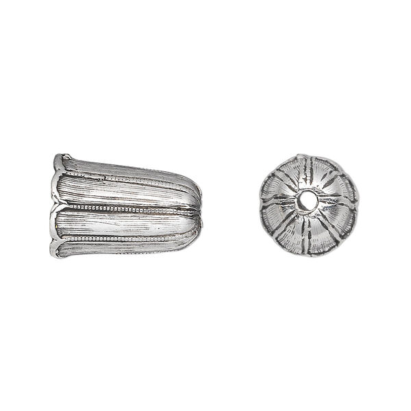 Cord end, antique silver-plated pewter (tin-based alloy), 16x10mm textured bell flower, 8mm inside diameter. Sold per pkg of 2. image number 0
