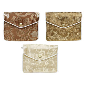 Pouch 1pkg3 silver-finished steel and rayon brocade, multicolored, 4.75x4-inch floral pattern.
