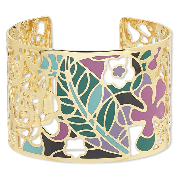Bracelet, Avant-Garde Jewelry Collection™, cuff, enamel and gold-plated brass, multicolored, 50mm wide with cutout and floral design, adjustable from 7-1/2 to 8 inches. Sold individually. image number 0