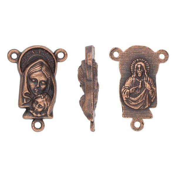 Connector, antique copper-plated "pewter" (zinc-based alloy), 18.5x10mm two-sided oval rosary with Madonna and child on front and Sacred Heart of Jesus Christ on back. Sold per pkg of 10. image number 0