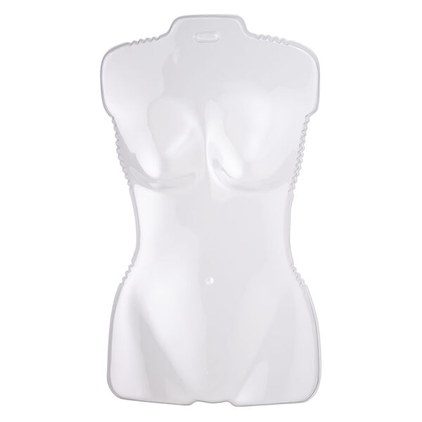 Display, acrylic, clear, 27 x 16 x 4-inch women's half torso with hanging tab. Sold per pkg of 3. image number 0