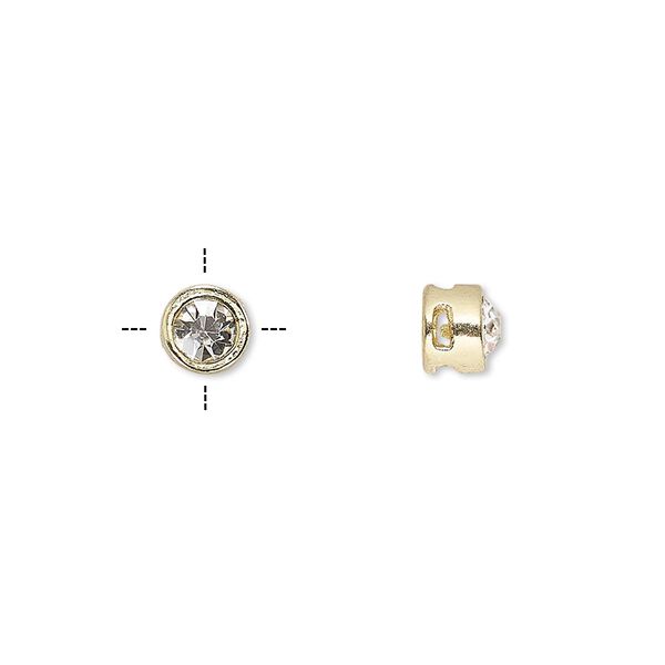 Spacer, glass rhinestone and gold-finished "pewter" (zinc-based alloy), clear, 6x5mm cross-drilled round with 4mm chaton. Sold per pkg of 6. image number 0