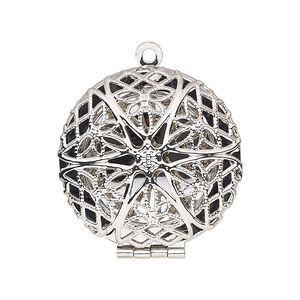 Drop, silver-finished brass, 28mm single-sided hinged round bead cage with cutout flower. Sold individually.