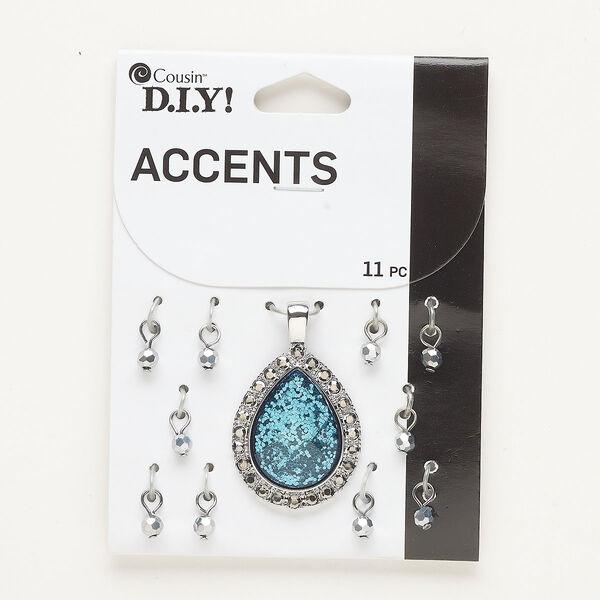 Pendant and drop assortment, silver-finished "pewter" (zinc-based alloy) and steel, blue-grey with glitter, (1) 30x25mm faceted teardrop and (10) 4mm faceted round. Sold per pkg of 11. image number 0