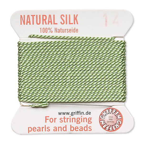 Thread, Griffin, silk, jade green, size #14. Sold per 2-meter card (approximately 78 inches). image number 0