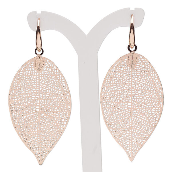 Earring, copper-plated brass, 2-1/2 inches with textured leaf and fishhook ear wire. Sold per pair. image number 0