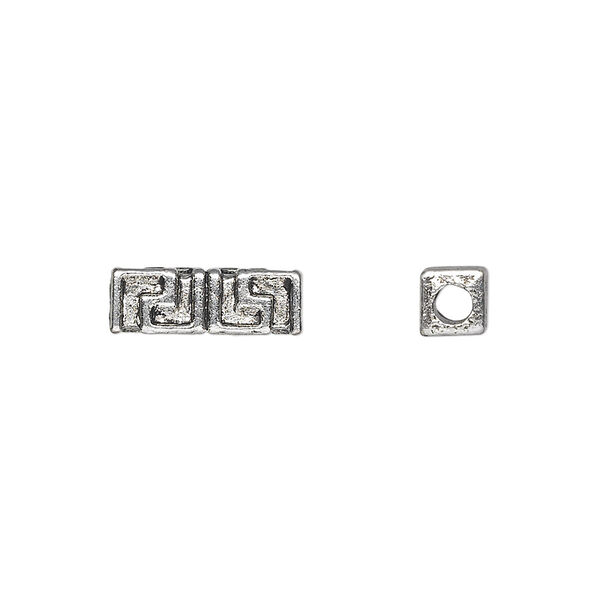 Bead, antique silver-plated "pewter" (zinc-based alloy), 14x5mm square tube with Greek design. Sold per pkg of 20. image number 0