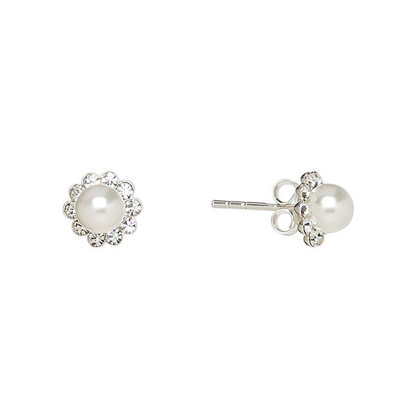 Earstud, Create Compliments®, glass pearl / crystal / sterling silver, clear and white, 8mm flower. Sold per pair. image number 0