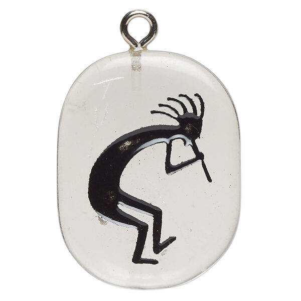 Focal 1pkg1 glass / enamel / steel, 26x20-38x31mm single-sided freeform oval / Kokopelli, transparent / silver finish image number 0