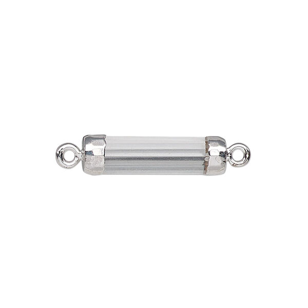 Link, quartz crystal (natural) / electroplated silver / silver-plated sterling silver, 20x5mm-21x6mm hand-cut faceted tube. Sold individually. image number 0