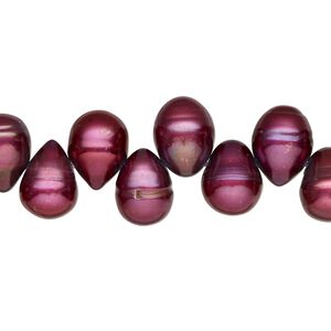 Pearl, cultured freshwater (dyed), black cherry, 10x8mm-13x9mm rice, C grade, Mohs hardness 2-1/2 to 4. Sold per 15-inch strand.