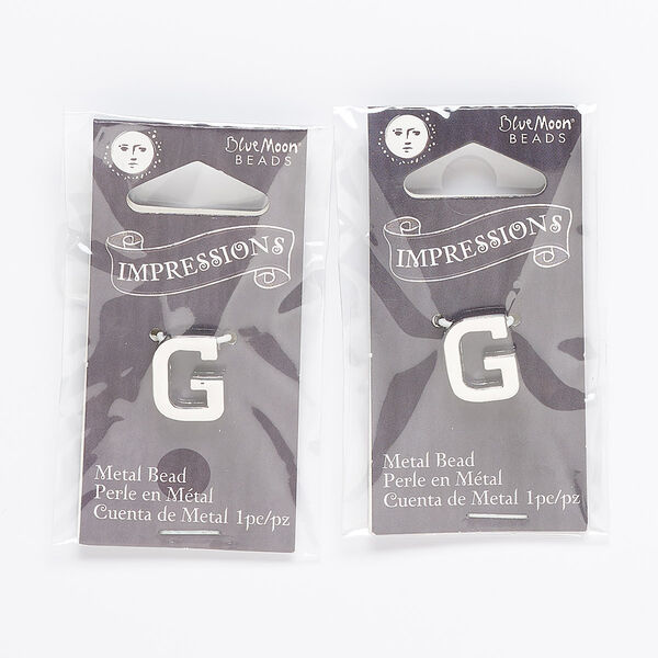 Bead, silver-finished "pewter" (zinc-based alloy), 13x11mm top-drilled alphabet letter "G" with 2mm hole. Sold per pkg of 2. image number 0