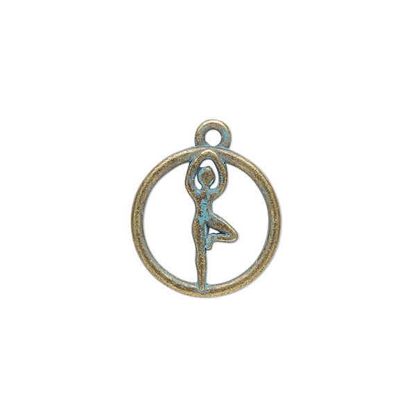 Drop, antique copper-finished "pewter" (zinc-based alloy), green patina, 16mm single-sided open round with cutout yoga tree pose. Sold per pkg of 4. image number 0