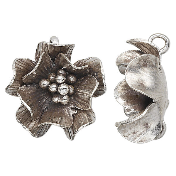Charm, Hill Tribes, antiqued sterling silver, 25mm flower. Sold individually. image number 0