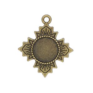 Drop, glue-in, antique brass-finished "pewter" (zinc-based alloy), 26mm single-sided flower with 12mm round setting. Sold per pkg of 2.