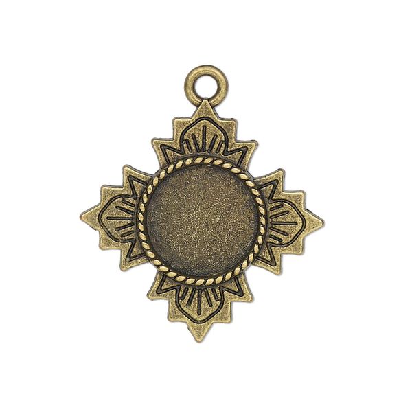 Drop, glue-in, antique brass-finished "pewter" (zinc-based alloy), 26mm single-sided flower with 12mm round setting. Sold per pkg of 2. image number 0