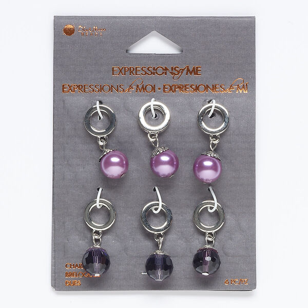 Drop mix, acrylic / acrylic pearl / silver-finished "pewter" (zinc-based alloy) / steel, (3) 27x11mm round and (3) 28x11mm faceted round. Sold per pkg of 6. image number 0