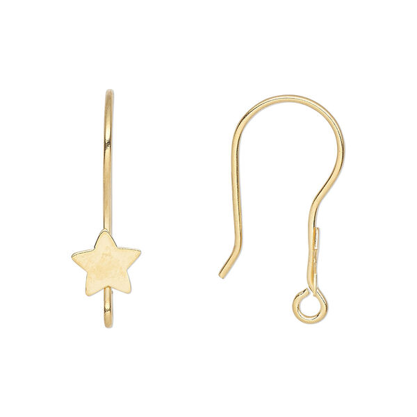 Ear wire, gold-plated stainless steel, 21mm fishhook with star and open loop, 21 gauge. Sold per pkg of 50 pairs. image number 0