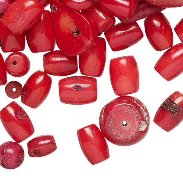 Bead mix, bamboo coral (dyed), red, 9x5mm-17x16mm mixed shapes, Mohs hardness 3-1/2 to 4. Sold per 4 ounce pkg, approximately 180 beads. image number 0
