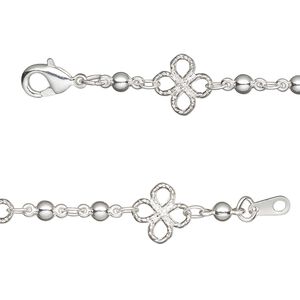 Chain 1pkg1 silver-plated beaded & clover, 3mm / 8mm filigree / lobster claw clasp, brass 20 inch