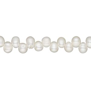 Pearl, cultured freshwater (bleached), white, 5x4mm-7x5mm top-drilled rice, C grade, Mohs hardness 2-1/2 to 4. Sold per 16-inch strand.