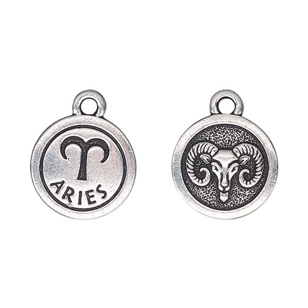 Charm, TierraCast®, antique silver-plated pewter (tin-based alloy), 15mm two-sided flat round with Aries zodiac sign and symbol. Sold per pkg of 2. image number 0