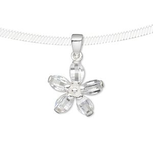 Pendant, sterling silver and cubic zirconia, clear, 16x16mm flower. Sold individually.