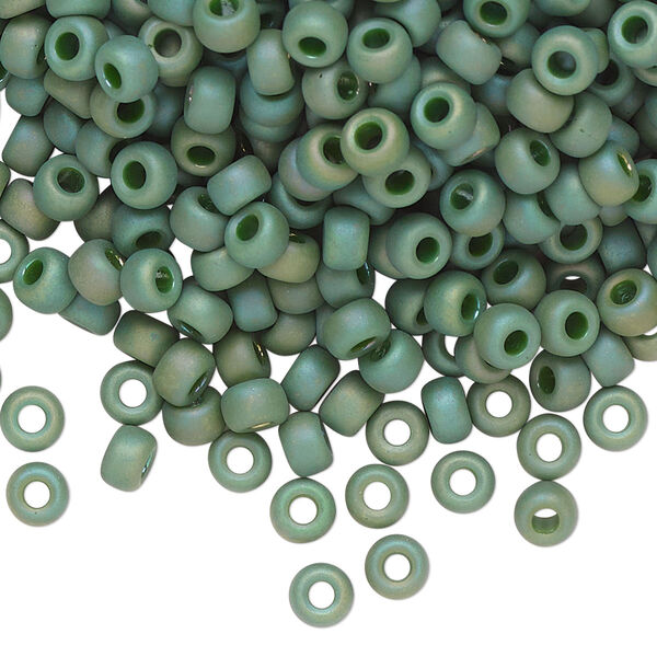 Seed bead, Miyuki, glass, pkg/25g, #6 rocaille, opaque matte rainbow basil green, (RR-4700). image number 0