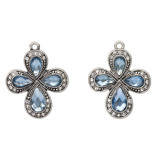 Drop, antique silver-finished "pewter" (zinc-based alloy) and glass, clear and light blue, 29x26mm cross. Sold per pkg of 2. image number 0