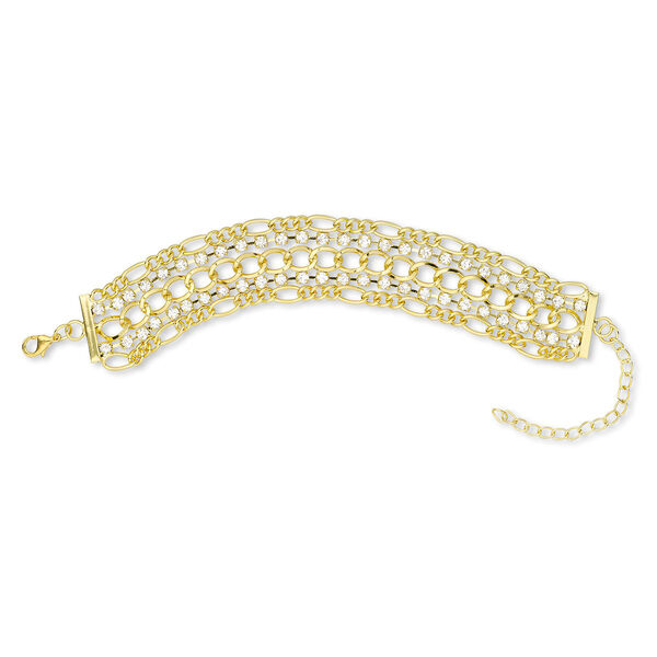 Bracelet, 5-strand, glass rhinestone / gold-finished brass / steel / "pewter" (zinc-based alloy), clear, 25mm wide, 6-1/2 inches with 2-1/2 inch extender chain and lobster claw clasp. Sold individually. image number 0