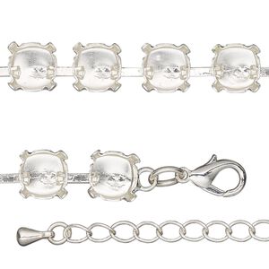 Necklace component, silver-finished brass and steel, 8mm wide cupchain with (43) SS39 settings, 20 inches with 3-inch extender chain and lobster claw clasp. Sold individually.