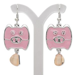 Earring, glass rhinestone / epoxy / acrylic / imitation rhodium-finished "pewter" (zinc-based alloy) and steel, pink and light pink, 2 inches with pig and fishhook ear wire. Sold per pair.