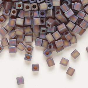 Seed bead, Miyuki, glass, pkg/25g, 3.5-3.7mm square, translucent frosted rainbow dark amber yellow (SB-134FR).